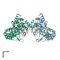 PDB entry 1wvm coloured by chain, top view.