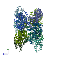 PDB entry 1wx0 coloured by chain, side view.