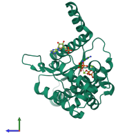 PDB entry 1wxi coloured by chain, side view.