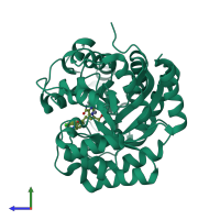 PDB entry 1wxz coloured by chain, side view.