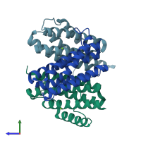 PDB entry 1wy1 coloured by chain, side view.