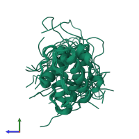 PDB entry 1wyp coloured by chain, ensemble of 20 models, side view.