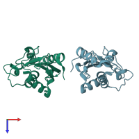 PDB entry 1wzv coloured by chain, top view.