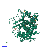 PDB entry 1wzz coloured by chain, side view.