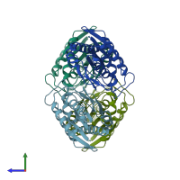 PDB entry 1x10 coloured by chain, side view.