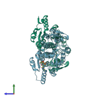 PDB entry 1x15 coloured by chain, side view.