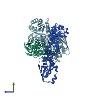 PDB entry 1x1o coloured by chain, side view.