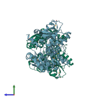 PDB entry 1x1q coloured by chain, side view.