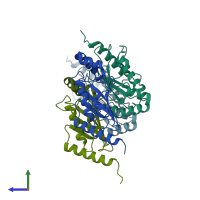 PDB entry 1x23 coloured by chain, side view.