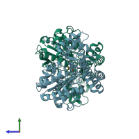 PDB entry 1x29 coloured by chain, side view.