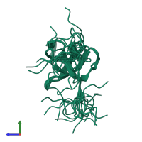 PDB entry 1x2p coloured by chain, ensemble of 20 models, side view.