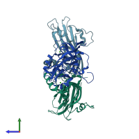 PDB entry 1x33 coloured by chain, side view.