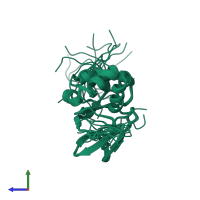 PDB entry 1x3b coloured by chain, ensemble of 20 models, side view.