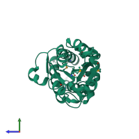 PDB entry 1x42 coloured by chain, side view.