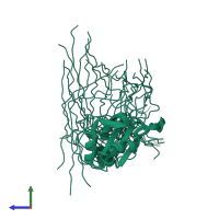 PDB entry 1x4b coloured by chain, ensemble of 20 models, side view.