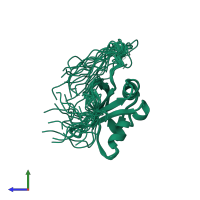 PDB entry 1x4d coloured by chain, ensemble of 20 models, side view.