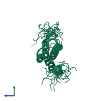 PDB entry 1x4t coloured by chain, ensemble of 20 models, side view.