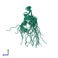 PDB entry 1x4u coloured by chain, ensemble of 20 models, side view.