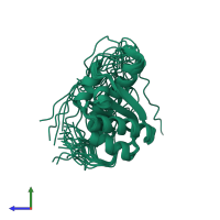 PDB entry 1x52 coloured by chain, ensemble of 20 models, side view.