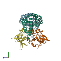 PDB entry 1x75 coloured by chain, side view.