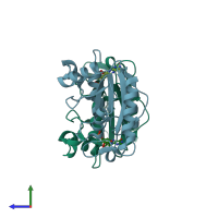 PDB entry 1x77 coloured by chain, side view.