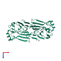 Homo dimeric assembly 1 of PDB entry 1x8e coloured by chemically distinct molecules, top view.