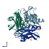 PDB entry 1xbf coloured by chain, side view.