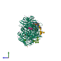 PDB entry 1xc6 coloured by chain, side view.