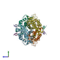 PDB entry 1xdk coloured by chain, side view.