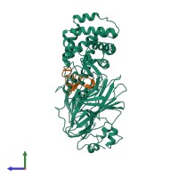 PDB entry 1xdt coloured by chain, side view.