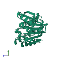 PDB entry 1xdz coloured by chain, side view.