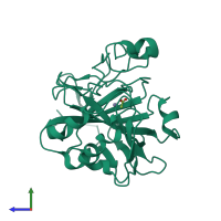 PDB entry 1xeg coloured by chain, side view.