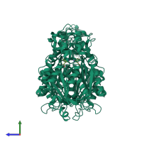 Homo dimeric assembly 1 of PDB entry 1xes coloured by chemically distinct molecules, side view.