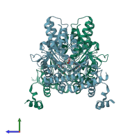 PDB entry 1xey coloured by chain, side view.