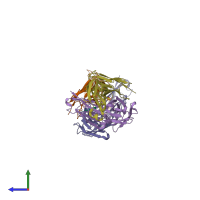 PDB entry 1xf2 coloured by chain, side view.