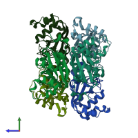 PDB entry 1xiq coloured by chain, side view.