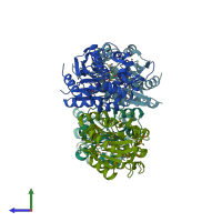 PDB entry 1xkl coloured by chain, side view.