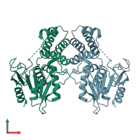 PDB entry 1xkt coloured by chain, front view.