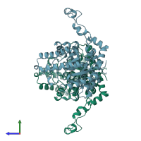 PDB entry 1xlm coloured by chain, side view.