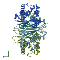 PDB entry 1xm5 coloured by chain, side view.