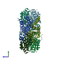 PDB entry 1xmp coloured by chain, side view.