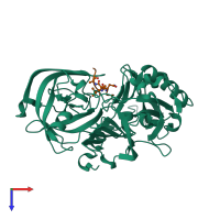 Hetero dimeric assembly 1 of PDB entry 1xn2 coloured by chemically distinct molecules, top view.