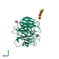 Monomeric assembly 1 of PDB entry 1xoe coloured by chemically distinct molecules, side view.