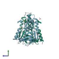 PDB entry 1xpi coloured by chain, side view.