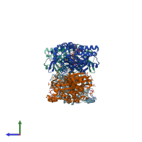 PDB entry 1xpk coloured by chain, side view.