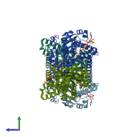 PDB entry 1xpm coloured by chain, side view.