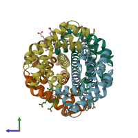 PDB entry 1xq5 coloured by chain, side view.