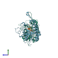 PDB entry 1xq6 coloured by chain, side view.