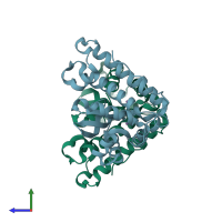 PDB entry 1xre coloured by chain, side view.