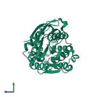 PDB entry 1xrn coloured by chain, side view.